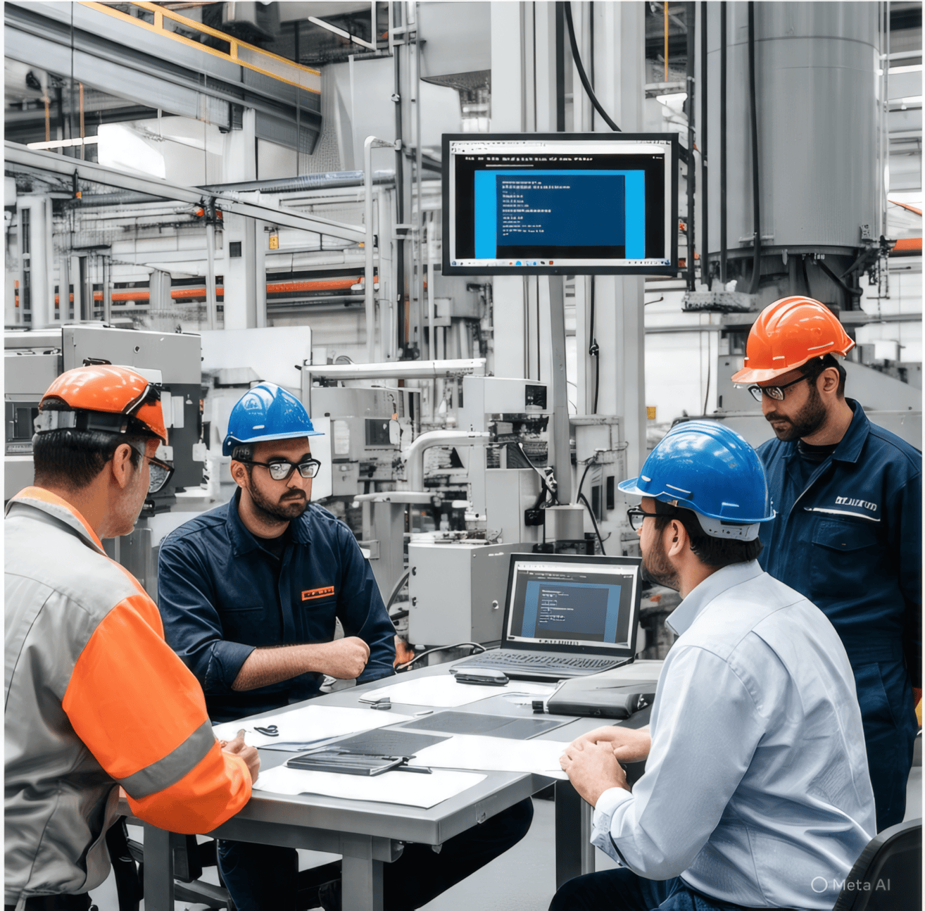 Equipo de consultores en reunión de trabajo en planta